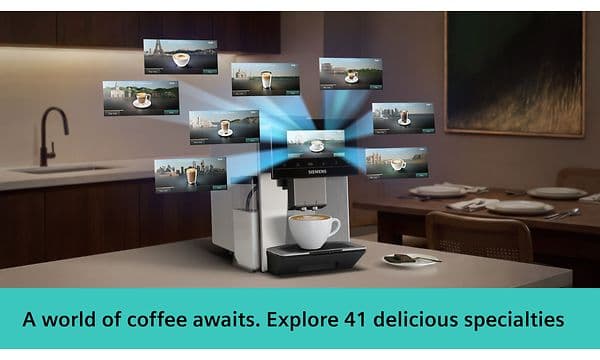En Siemens espressomaskin som viser et utvalg av sine 41 kaffedrikker på touchskjermen.
