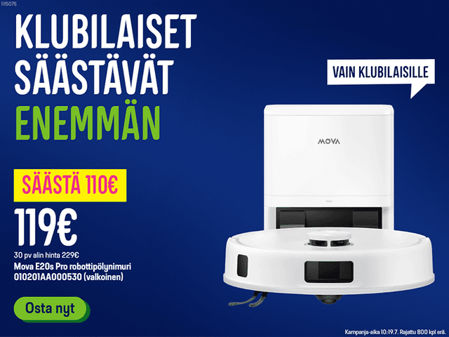 Klubilaiset säästävät enemmän. Nyt Mova robotti-imuri 119€ säästä 110€. Lue lisää.