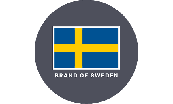 Merke med et svensk flagg og teksten "Brand of Sweden"