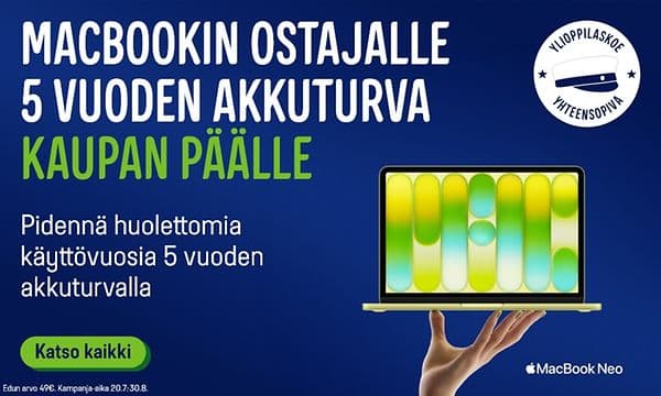 Macbookin ostajalle 5 vuoden akkutakuu kaupanpäälle.
