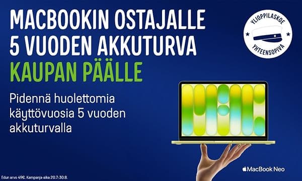 Macbookin ostajalle 5 vuoden akkutakuu kaupanpäälle.