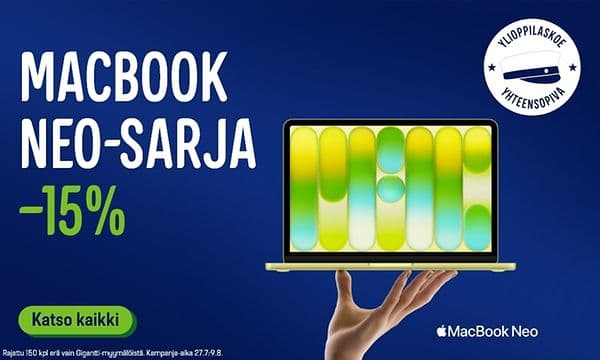Macbook Neo sarja -15 % alennuksin.