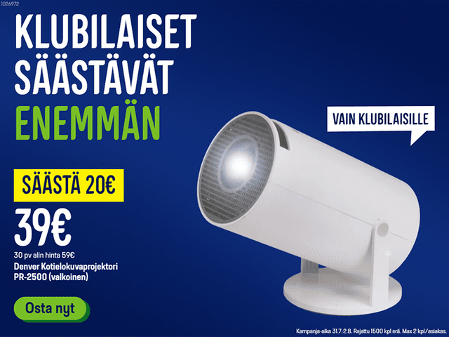 Klubilaisena säästät enemmän. Nyt Denver kotielokuvaprojektori vain 39 €!