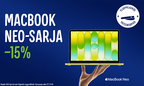 Macbook Neo sarja -15 % alennuksin.