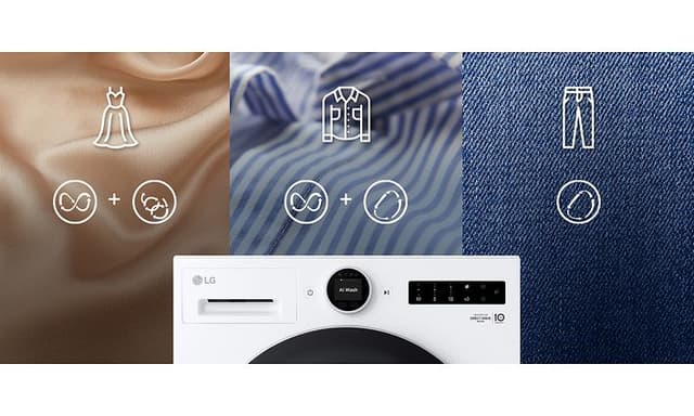 LG-kuivaava pyykinpesukone ja kolme vierekkäistä kuvaa erilaisista tekstiileistä