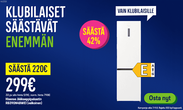 Klubilaiset säästävät enemmän. Nyt Hisense jääkaappipakastin 299 € säästä 220 €. 100 kpl loppuerä.