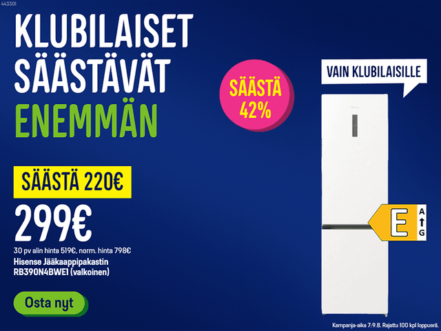 Klubilaiset säästävät enemmän. Nyt Hisense jääkaappipakastin 299 € säästä 220 €. 100 kpl loppuerä.
