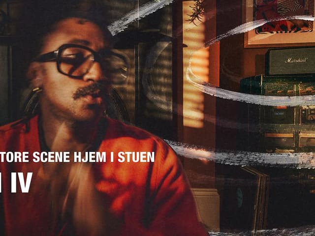 Marshall banner - mand med briller, Marshall Acton IV-højttaler og teksten "Bring den store scene hjem i stuen"