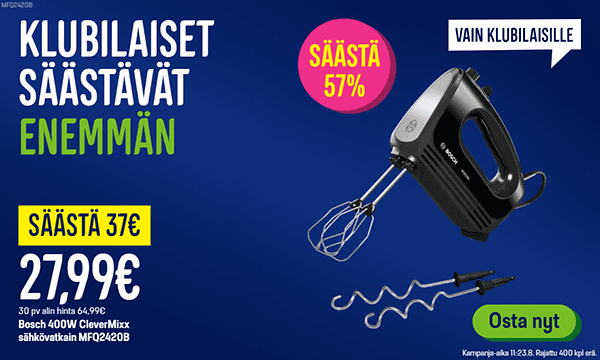 Klubilaiset säästävät enemmän. Bosch sähkövatkain vain 27,99€.