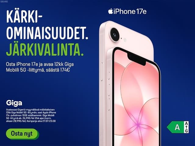 Kärkiominaisuudet. Järkivalinta. Osta iPhone 17e ja avaa 12kk Giga Mobiili 5G -liittymä, säästä 174€.
