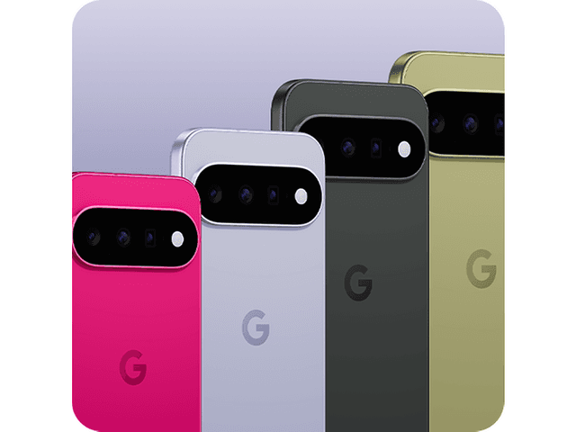Fire Google Pixel 11 telefoner ved siden af hinanden i forskellige farver