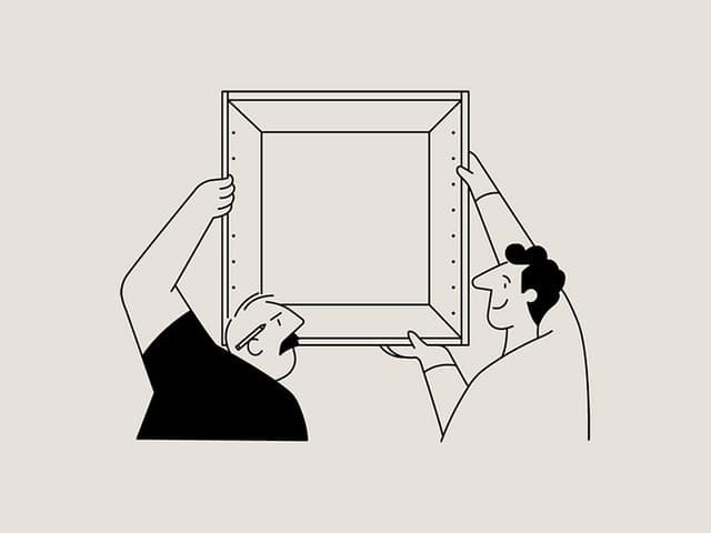 Drawings of men putting up a kitchen and cutting in a worktop (Medium)