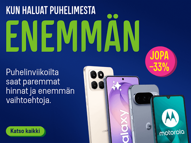 Puhelinviikoilla paljon tarjouksia isoilla säästöillä. Lue lisää klikkaamalla banneria.