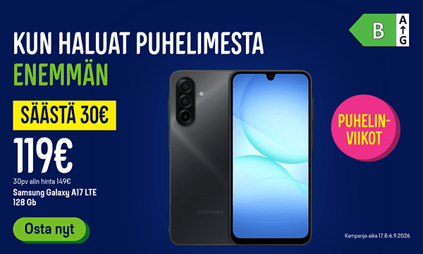 Kun haluat puhelimesta enemmän. Säästä nyt 30 euroa Samsung A17 LTE puhelimesta!