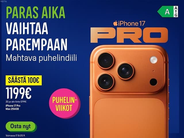 Paras aika vaihtaa parempaan. Iphone 17 pro nyt 100 euron säästöin.