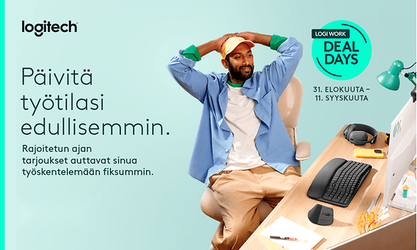 Logi Work Days -kampanjabanneri: Logitech-toimistotarvikkeita kampanjahinnalla