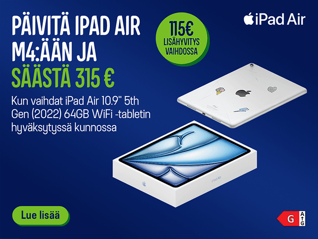 Päivitä iPad Aird M4:ään ja säästä jopa 315€. Lue lisää klikkaamalla banneria.
