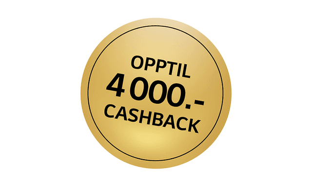 Gullfarget sticker med teksten "Opptil 4000kr cashback"