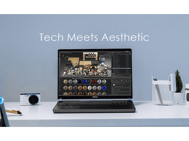 MSI-kannettava pöydällä ja teksti; Tech meets aesthetic