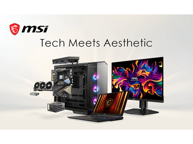 MSI-mainoskuva, jossa MSI tietokone, näyttö ja komponentteja, sekä teksti; Tech meets aesthetic