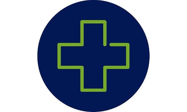 Palvelut-kuvake jossa plus-merkki vihreillä ääriviivoilla sinisen ympyrän sisällä