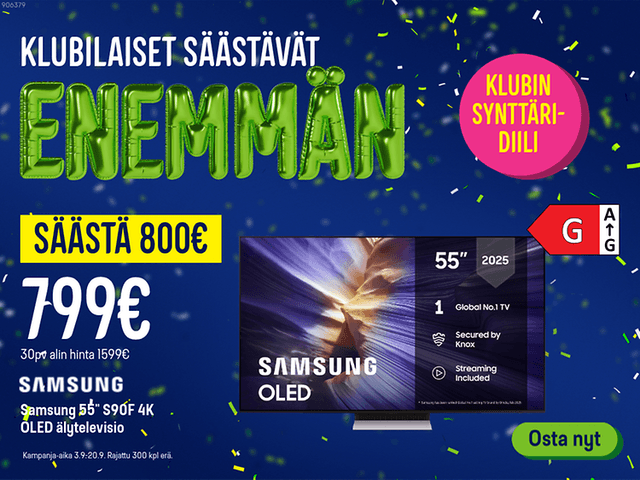 Klubilaiset säästävät enemmän! Samsungin 55" televisio nyt 800 € säästöllä. Klikkaa banneria ja lue lisää