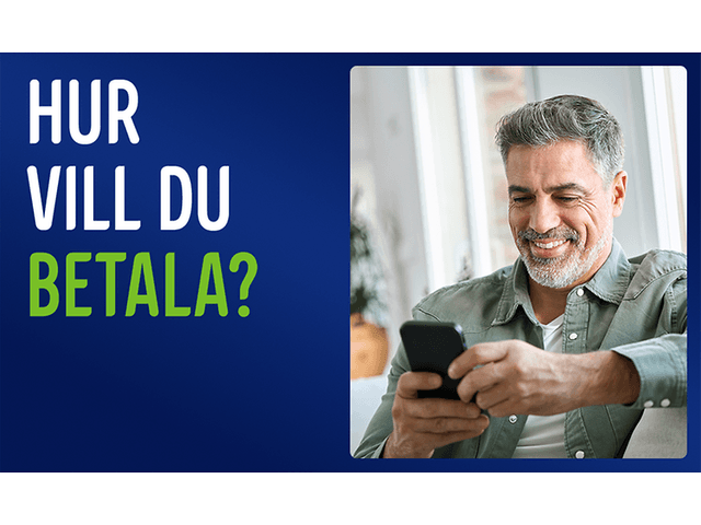 Man som tittar på sin telefon och text; Hur vill du betala?