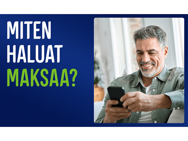 Mies katsoo puhelintaan, vieressä teksti; Miten haluat maksaa?