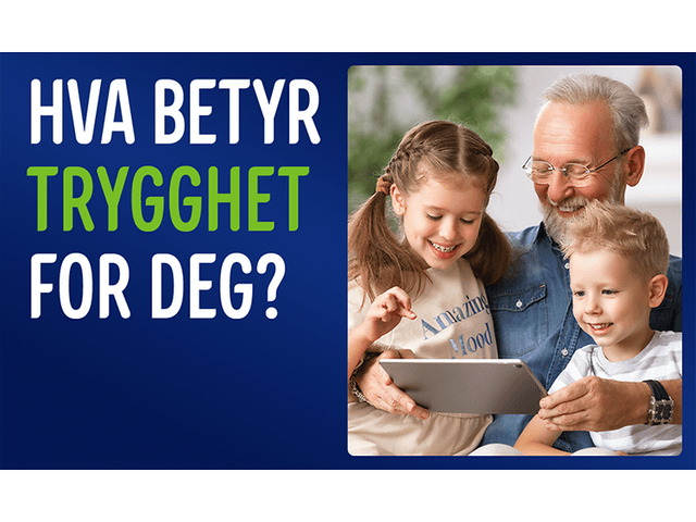Bestefar ser på innhold fra nettbret sammen med sine barnebarn og tekst; Hva betyr trygghet for deg?