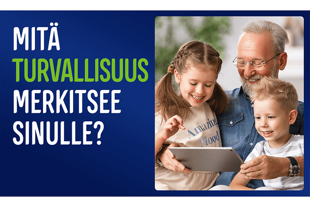 Isoisä katselee sisältöä tabletilta yhdessä lastenlastensa kanssa ja teksti; Mitä turvallisuus merkitsee sinulle?