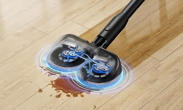 Illustration af moppehoveder der roterer for at fjerne spild fra gulvet