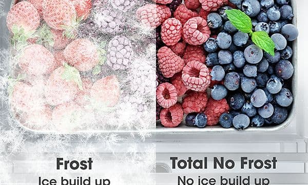 Split image of a box of frozen berries, one half with ice build up, and the other without.