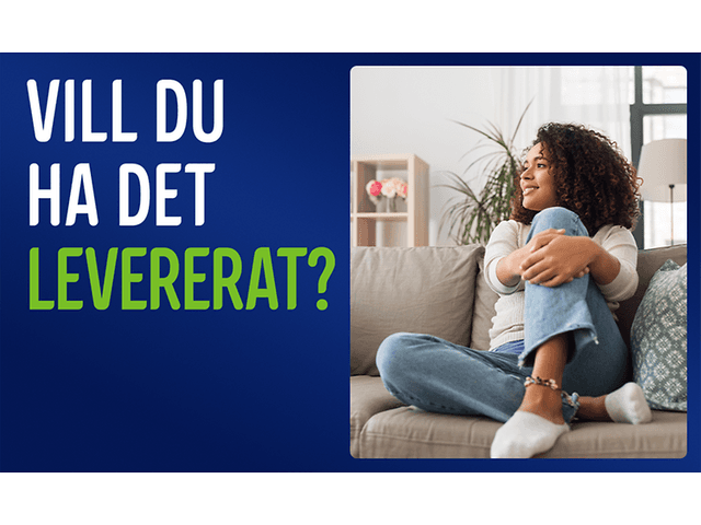 Kvinna som sitter i en soffa, med texten: «Vill du få det levererat?»