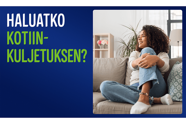 Nainen istuu sohvalla, tekstinä: «Haluatko kotiinkuljetuksen?»