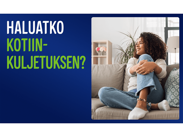 Nainen istuu sohvalla, tekstinä: «Haluatko kotiinkuljetuksen?»