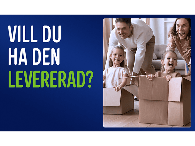 Mamma och pappa som leker med sina två barn i vardagsrummet, med texten: «Vill du få den levererad?»