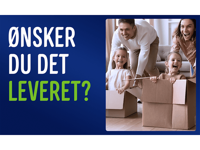 Mor og far, der leger med deres to børn i stuen, med teksten: «Ønsker du det leveret?»