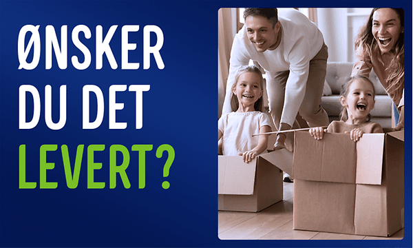 Mor og far som leker med sine to barn i stuen, samt teksten: «Ønsker du det levert?»