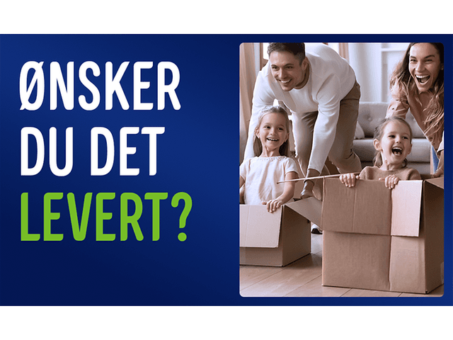 Mor og far som leker med sine to barn i stuen, samt teksten: «Ønsker du det levert?»