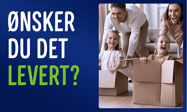 Mor og far som leker med sine to barn i stuen, samt teksten: «Ønsker du det levert?»