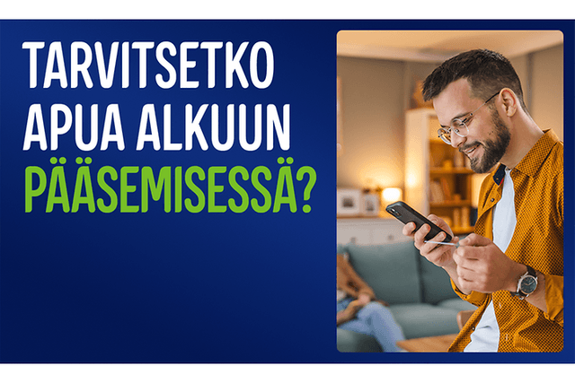 Mies katsoo puhelintaan, tekstinä: «Tarvitsetko apua alkuun pääsemisessä?»
