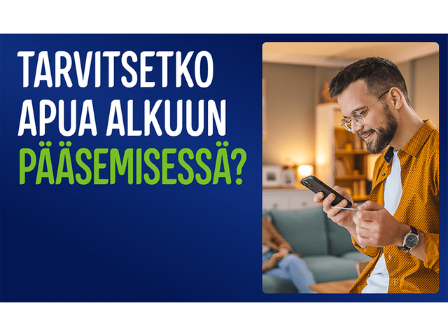 Mies katsoo puhelintaan, tekstinä: «Tarvitsetko apua alkuun pääsemisessä?»