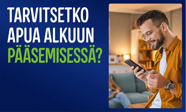 Mies katsoo puhelintaan, tekstinä: «Tarvitsetko apua alkuun pääsemisessä?»