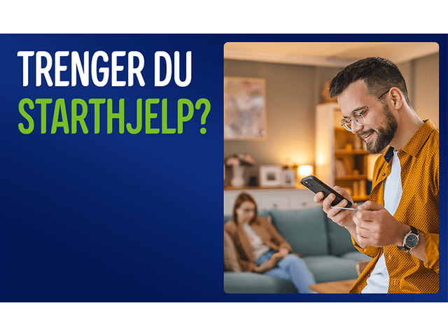 Mann som ser på mobilen sin, med teksten: «Trenger du starthjelp?»