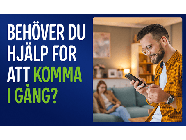 Man som tittar på sin mobil, med texten: «Behöver du hjälp att komma igång?»