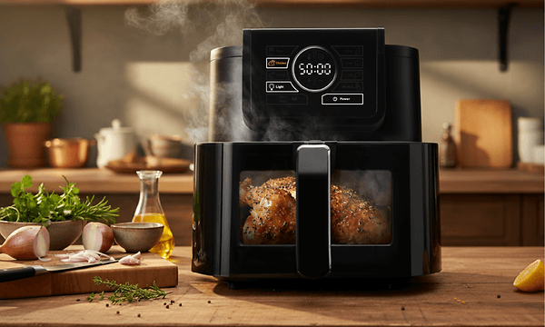 F&B airfryer with a chicken inside
