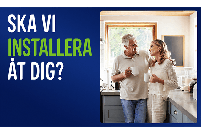 Man och kvinna som står i köket med kaffekoppar i händerna och text: «Ska vi installera åt dig?»