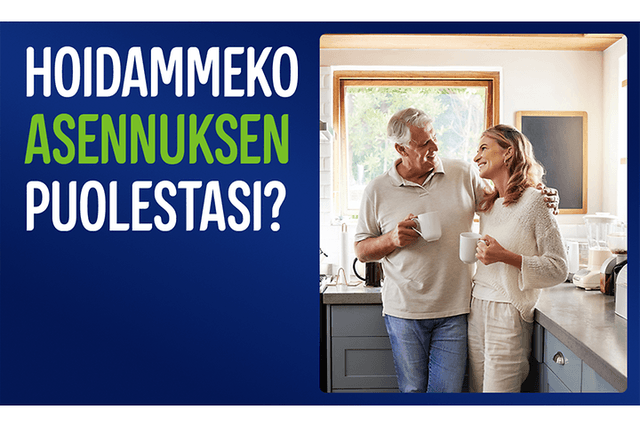 Mies ja nainen seisovat keittiössä nauttimassa kahvia ja teksti: «Hoidammeko asennuksen puolestasi?»