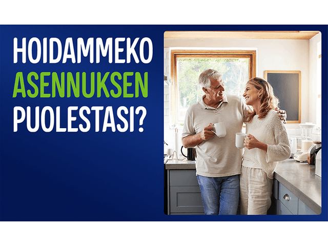 Mies ja nainen seisovat keittiössä nauttimassa kahvia ja teksti: «Hoidammeko asennuksen puolestasi?»