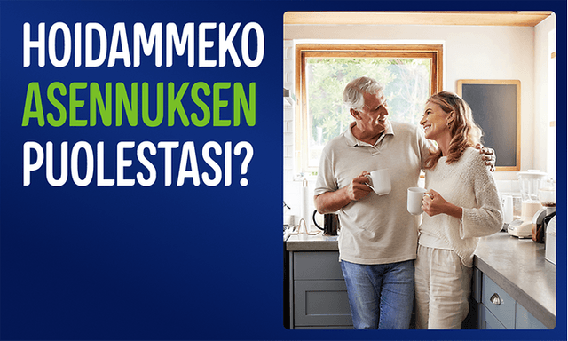 Mies ja nainen seisovat keittiössä nauttimassa kahvia ja teksti: «Hoidammeko asennuksen puolestasi?»
